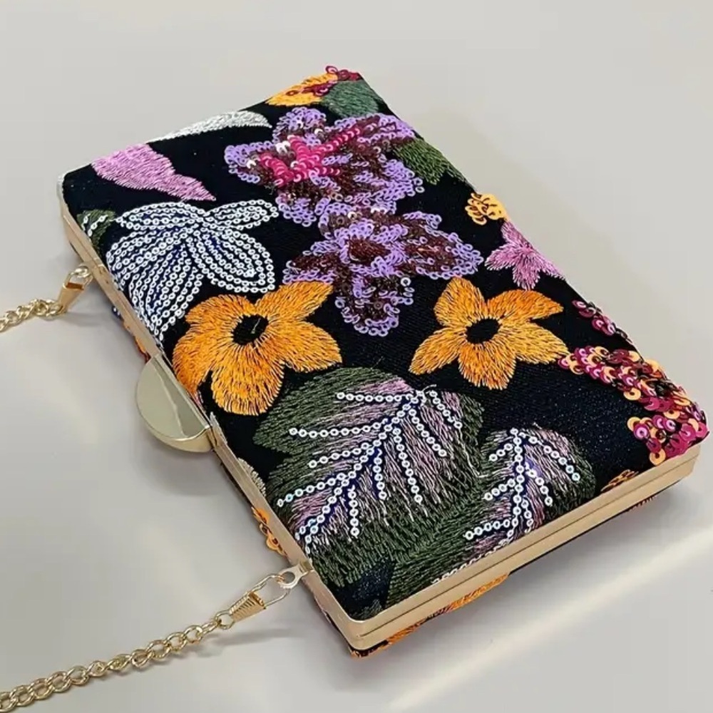 Floral Sequin Clutch with Gold Chain - Picture 4 of 9